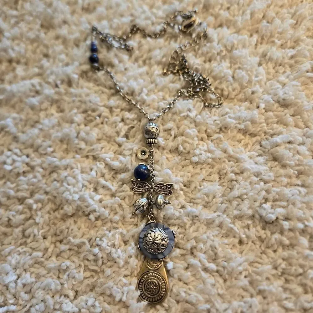 Chico's Long Charm Necklace Silver & Blue Stone